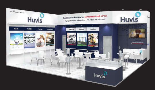 휴비스는 14일(현지시간)부터 나흘 동안 독일 메세 프랑크푸르트 전시장에서 열리는 '테크텍스타일 2019'에 참가한다고 밝혔다. 사진은 휴비스 전시부스 조감도. <휴비스 제공>